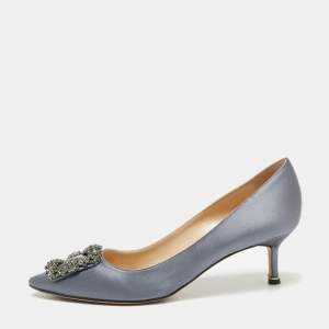Pre Owned Manolo Blahnik Grey Satin Hangisi Crystal Embellished Pumps Size 37