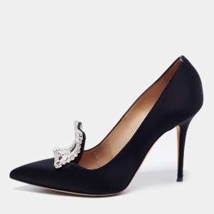 Pre Owned Manolo Blahnik Black Satin Borlak Crystal Embellished Pointed Toe Pumps Size 36.5