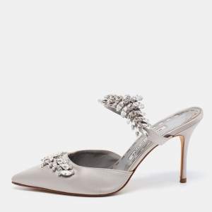 Pre Owned Manolo Blahnik Grey Crystal Embellished Satin Lurum Mule Sandals Size 38.5