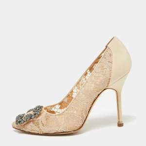 Pre Owned Manolo Blahnik Beige Lace Hangisi Pumps Size 36.5