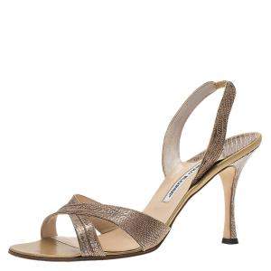 Manolo Blahnik Brown Lizard Emboss Leather Callasli Slingback Sandals Size 40