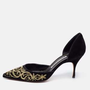 Pre Owned Manolo Blahnik Black Suede Embroidered Volta D'Orsay Pumps Size 39.5