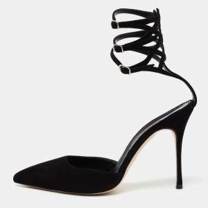 Pre Owned Manolo Blahnik Black Suede Strappy Ankle Cuff Pointed Toe Sandals Size 40.5