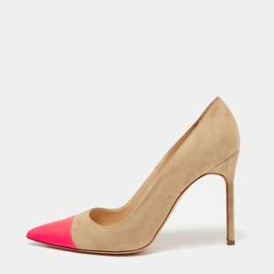 Pre Owned Manolo Blahnik Beige/Pink Suede And Leather Cap-Toe Bipunta Pumps Size 38