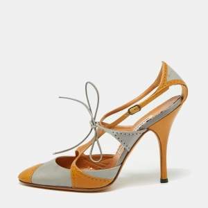 Pre Owned Manolo Blahnik Grey/Brown Leather Ankle Strap Sandals Size 38