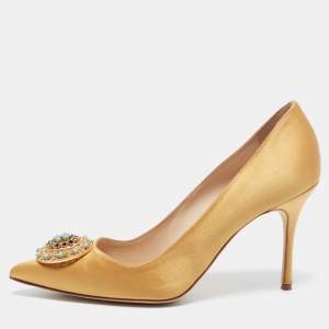 Pre Owned Manolo Blahnik Yellow Satin Jewel Embellished Pointed Toe Pumps Size 39