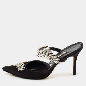 Pre Owned Manolo Blahnik Black Satin Leather Lurum Mules Size 37.5