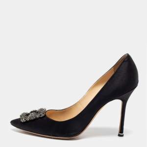 Pre Owned Manolo Blahnik Black Satin Hangisi Pumps Size 40.5
