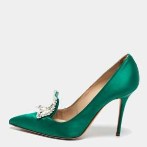 Pre Owned Manolo Blahnik Green Satin Crystal Embellished Borlak Pumps Size 36.5