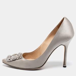 Pre Owned Manolo Blahnik Grey Satin Hangisi Pumps Size 39
