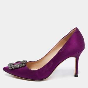 Pre Owned Manolo Blahnik Purple Satin Hangisi Crystal Embellished Pumps Size 37