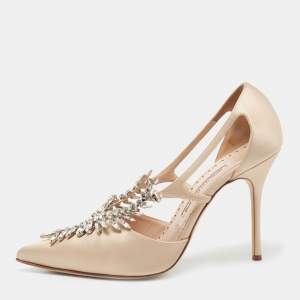 Pre Owned Manolo Blahnik  Gold Satin Lala Crystal Embellished Pointed Toe Pumps Size 39.5
