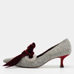 Pre Owned  Manolo Blahnik Grey/Burgundy Tweed And Velvet Bow Serba Pumps Size 39.5