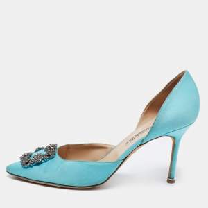 Pre Owned Manolo Blahnik Blue Satin Hangisi Crystal Embellished D'Orsay Pumps Size 42