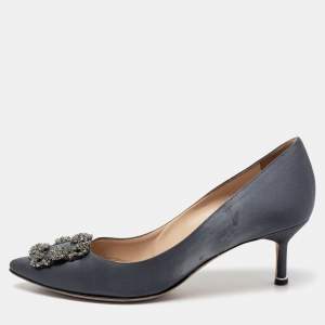 Pre Owned Manolo Blahnik Grey Satin Hangisi Embellished Pumps Size 38