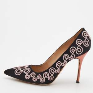 Pre Owned Manolo Blahnik Black Satin Rope Embroidered Pointed Toe Pumps Size 38