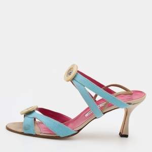 Manolo Blahnik Blue Canvas Button Strappy Slide Sandals Size 39.5