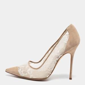 Pre Owned Manolo Blahnik Beige Suede and Lace Salola Pumps Size 39