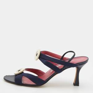 Pre Owned Manolo Blahnik Navy Blue Canvas Button Detail Slingback Sandals Size 39