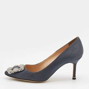 Pre Owned Manolo Blahnik Grey Satin Hangisi Crystal Embellished Pumps Size 37