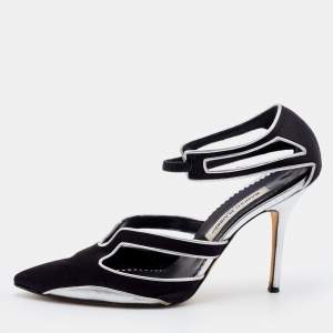 Manolo Blahnik Black/Silver Satin And Leather Cut Out Pumps Size 40.5