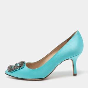 Pre Owned Manolo Blahnik Light Blue Satin Hangisi Pumps Size 35