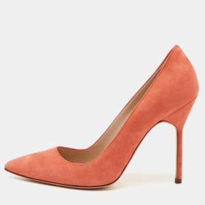 Pre Owned Manolo Blahnik Coral Orange Suede BB Pointed Toe Pumps Size 36