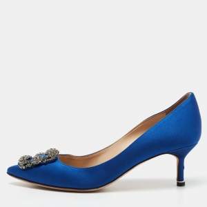 Pre Owned Manolo Blahnik Royal Blue Satin Hangisi Pumps Size 38