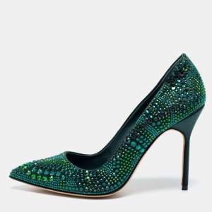 Pre Owned Manolo Blahnik Green Crystal Embellished Satin BB Pumps Size 39
