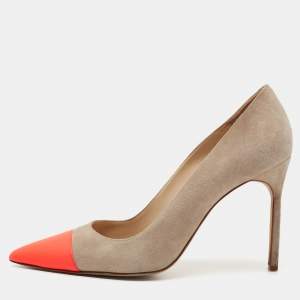 Pre Owned Manolo Blahnik Beige/Neon Pink Leather and Suede Bipunta Pumps Size 41