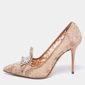 Pre Owned Manolo Blahnik Dusty Pink Lace Borlak Crystal Embellished Pumps Size 37.5