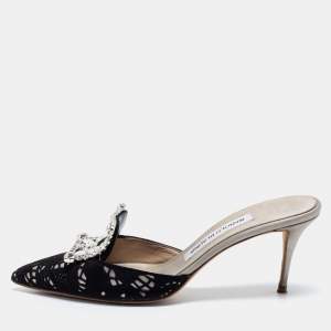 Manolo Blahnik Black/Grey Laser Cut Suede and Satin Borli Mules Size 37