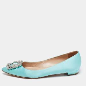 Pre Owned Manolo Blahnik Light Blue Satin Hangisi Flats Size 38