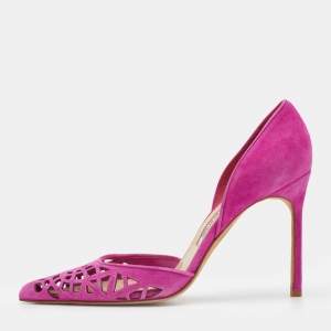 Pre Owned Manolo Blahnik Pink Laser Cut Suede Tayler Pointed Toe Pumps Size 39