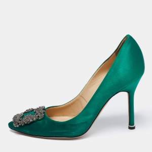 Pre Owned Manolo Blahnik Green Satin Hangisi Embellished Pumps Size 35.5