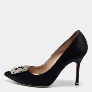 Pre Owned Manolo Blahnik Black Satin Hangisi Pumps Size 38.5