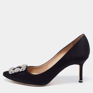 Pre Owned Manolo Blahnik Black Satin Hangisi Pumps Size 38.5