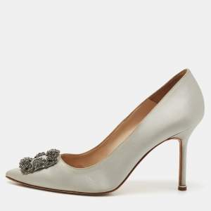 Pre Owned Manolo Blahnik Grey Satin Hangisi  Pumps Size 40