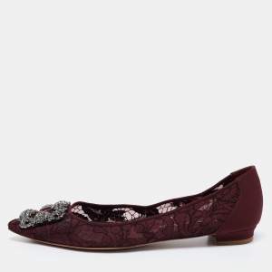 Pre Owned Manolo Blahnik Burgundy Lace Hangisi Ballet Flats Size 38.5