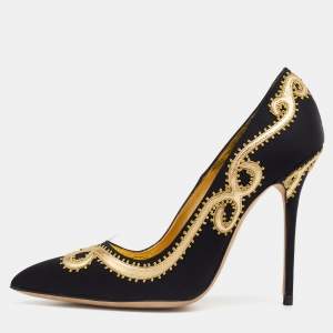 Pre Owned Manolo Blahnik Black/Gold Satin And Leather Embroidered Pointed Toe Pumps Size 37.5