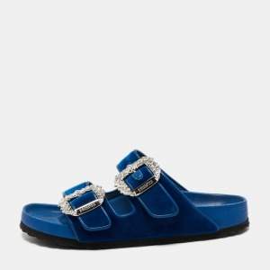 Birkenstock X Manolo Blahnik Blue Velvet Crystal Embellishments Slides Size 40