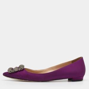 Manolo Blahnik Dark Purple Satin Hangisi Crystal Embellished Ballet Flats Size 38