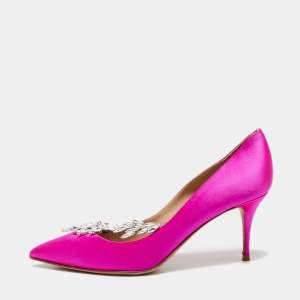 Pre Owned Manolo Blahnik Pink Satin Nadira Crystal Embellished Pointed Toe Pumps Size 37.5