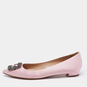 Pre Owned Manolo Blahnik Pale Pink Satin Hangisi Crystal Embellished Ballet Flats Size 40.5