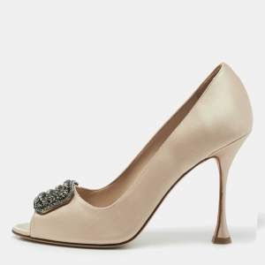 Pre Owned Manolo Blahnik Beige Satin Crystal Embellished Peep Toe Pumps Size 40