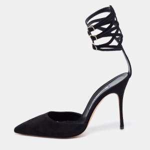 Pre Owned Manolo Blahnik Black Suede Strappy Ankle Cuff Pointed Toe Pumps Size 41