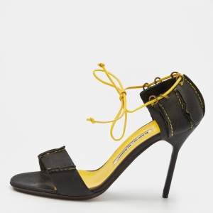 Pre Owned Manolo Blahnik Black Leather Ankle Tie Up Sandals Size 41