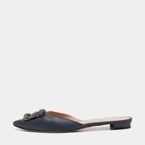 Manolo Blahnik Dark Grey Satin Hangisi Mule Sandals Size 40