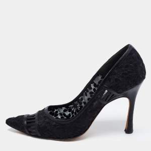 Pre Owned Manolo Blahnik Black Leather And Embroidery Mesh Pointed Toe Pumps Size 37
