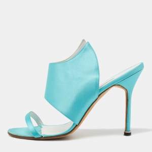 Pre Owned Manolo Blahnik Aqua Blue Satin Open Toe Sandals Size 39.5